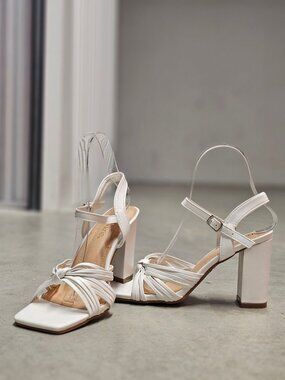 Strappy White Block Heel Sandals With Adjustable Ankle Strap & Knot Detail For W